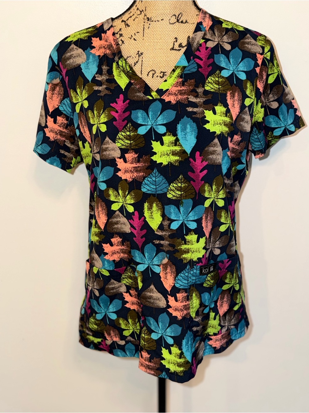 Koi Basics Women’s Fall Leaves Scrub Top